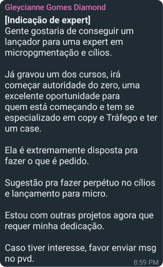 Oportunidade gerada no grupo da Diamond